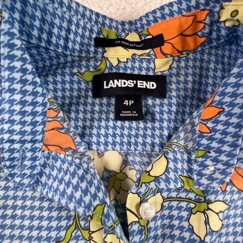Lands' End Women's 4P Supima Cotton No Iron Shirt Blue Floral Houndstooth Petite - Picture 3 of 6